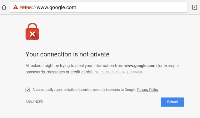 Waarschuwingsmelding in een zoekmachine tablad dat de verbinding niet privé is en er dus geen SSL-certificaat actief is.
